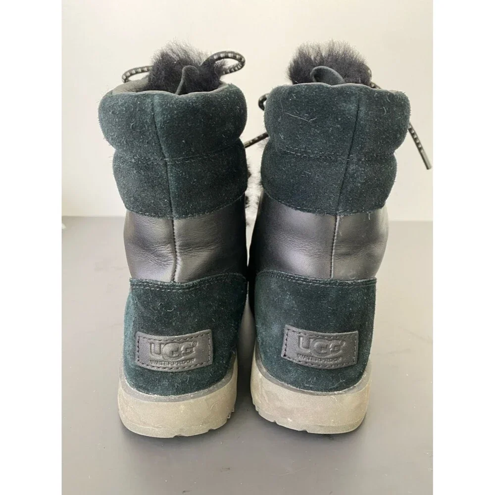 UGG Black Faux-Fur Lace-Up Women's Ankle Boots Sz 7 Rich Ski Resort Boho Chic